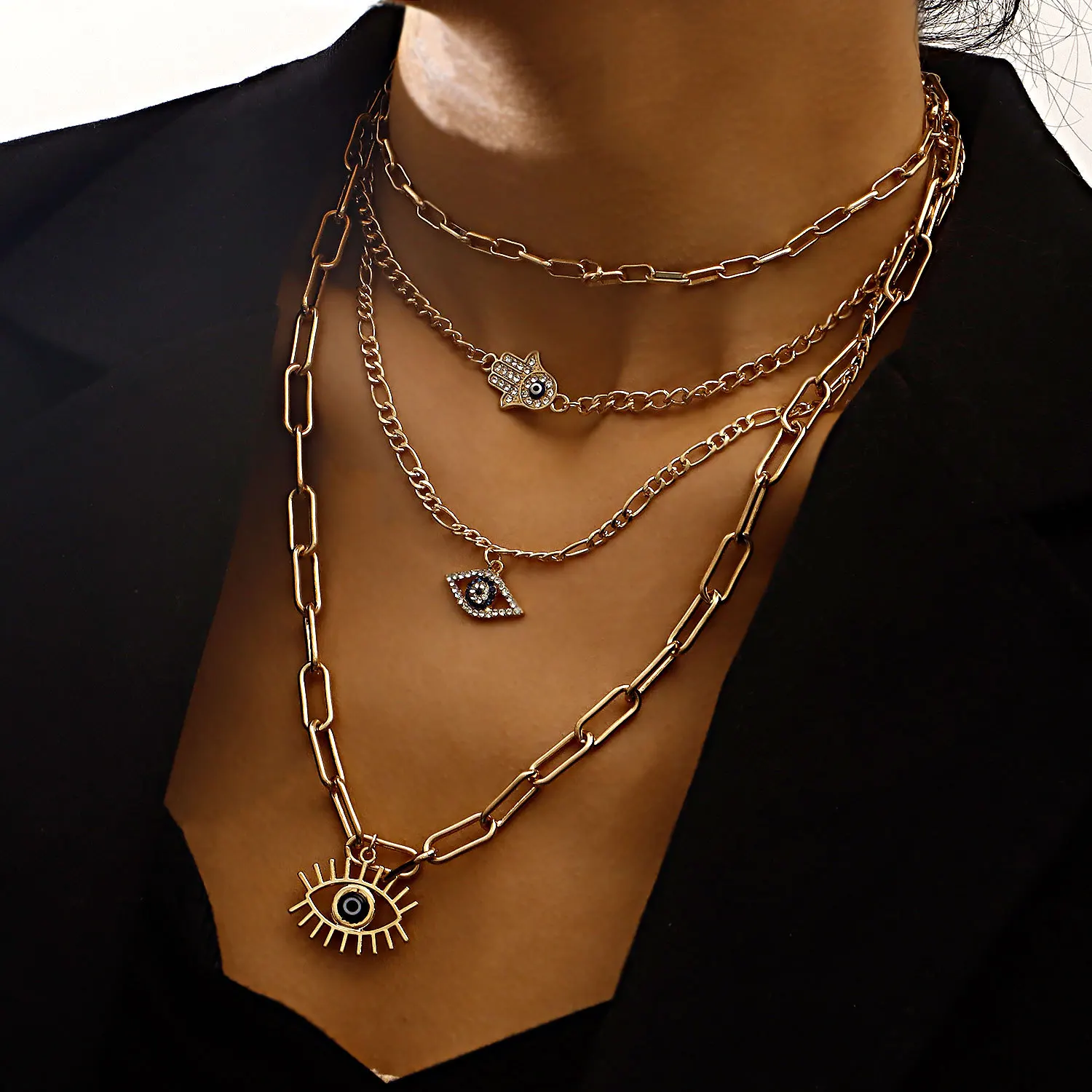 Kinling OEM Jewelry Retro Multi Layer Bamboo Inlaid Diamond Mosaic Eye Pendant Necklace