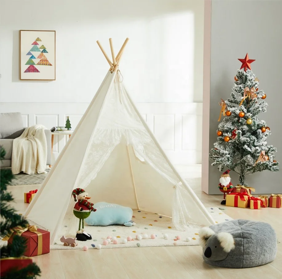 4-Walls Teepee Tent Kids Teepees White with Screen and Window Children Play House Teepee for Kids