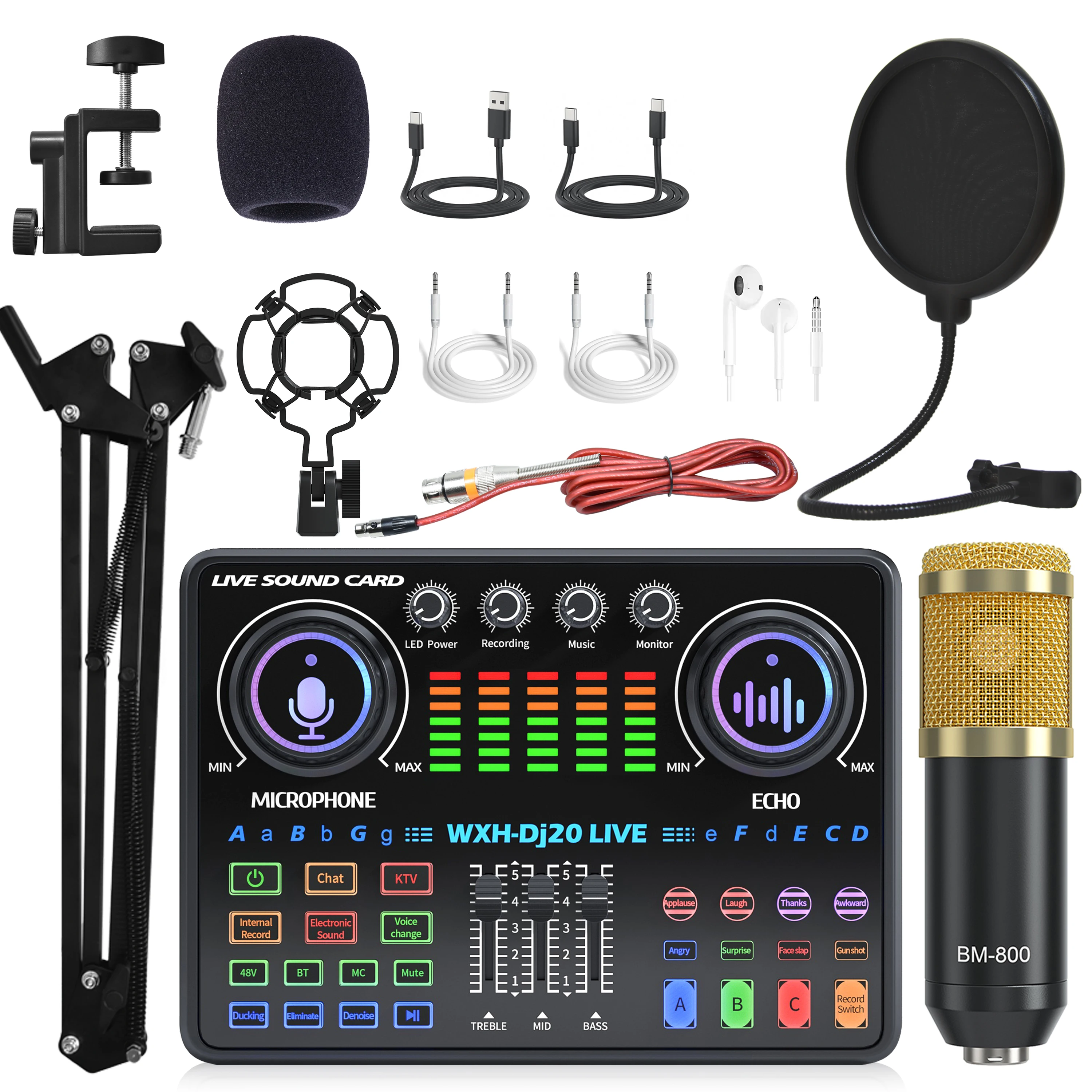 Professional DJ20 Live Sound Card  Set Audio Usb Sound Cards BM800 WHX1000 Condenser Studio Microphone Streaming Podcast