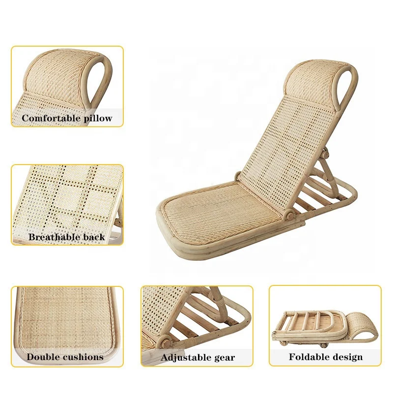 Bali Outdoor Portable Foldable, Handmade Natural Rattan Woven Backrest Recliner Sun Lounge Lightweight Backpack Beach Chairs/