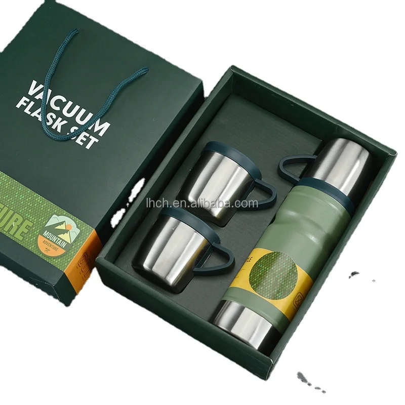 New 680ml Stainless Steel Thermos Vacuum Bottle Coffee Hot Cold Water 3 Pcs Vacuum Flask Cups For School Business Home Travel