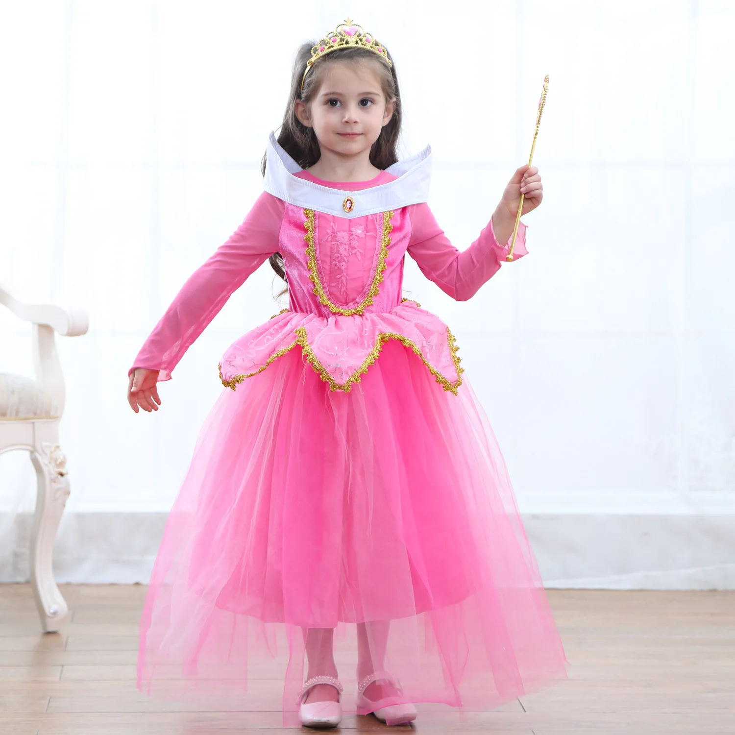 Q52   Children Party Frock New Design Long Sleeves Sofia Princess Smocked Children Clothing Party Dress