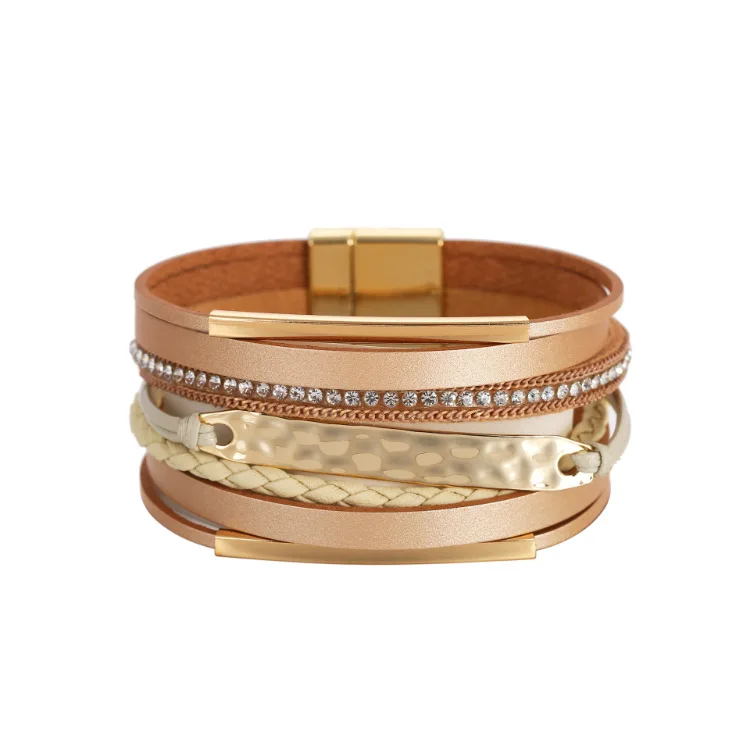 Personalized Women Magnetic Clasp Metal Charm Leather Bracelets Hot Multi Layered Rhinestone Crystal Wrap