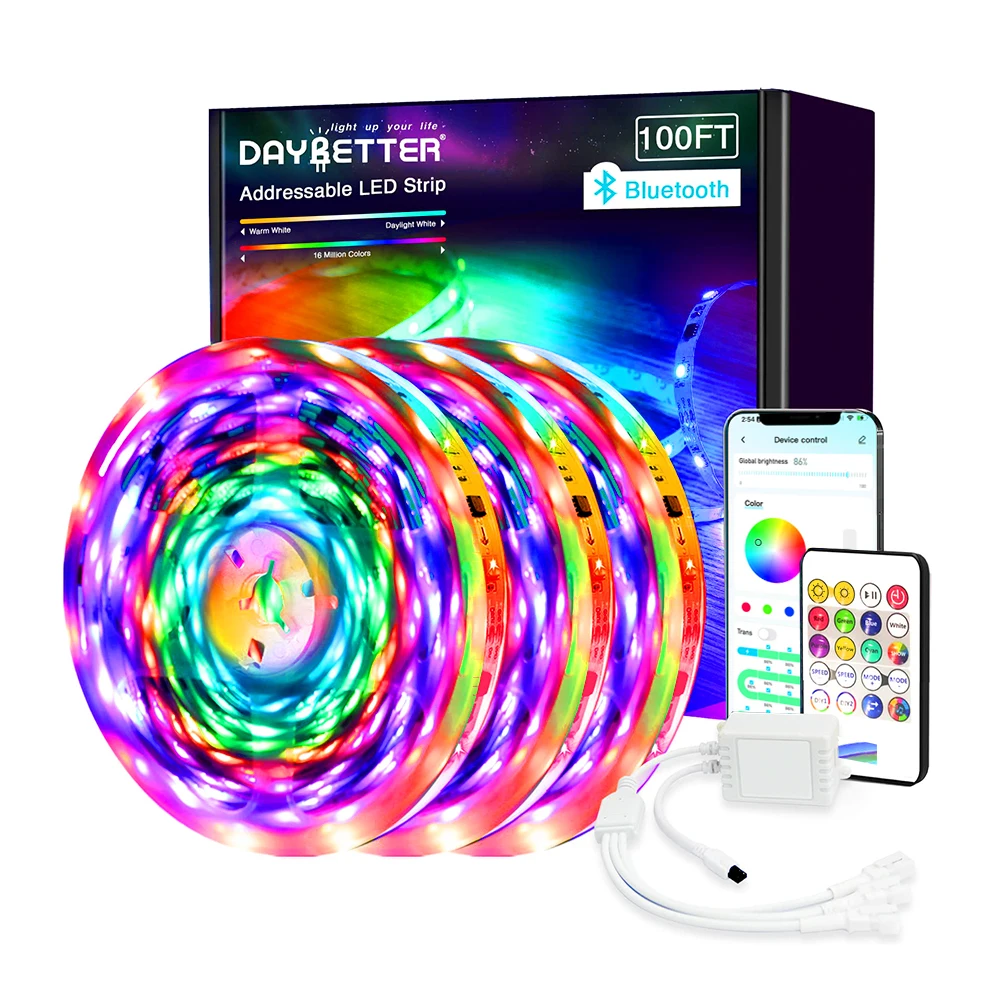 Daybetter 5050 RGBIC 30 м 100 футов IP20 индивидуальное адресуемое Dream color Bluetooth приложение ИК-пульт дистанционного управления смарт-RGB светодиодная лента