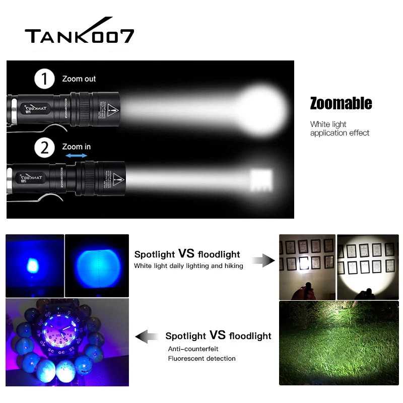 Фонарик-фонарик TANK007 с пользовательским логотипом УФ-контрольный фонарь возможностью масштабирования двойной свет 365 нм светодиодный Белый УФ-фонарик брелок