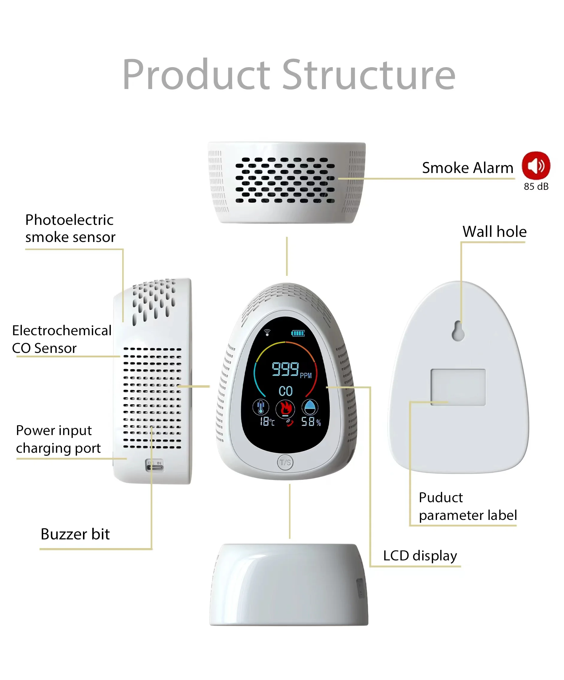 Dropshipping factory wholesale co detector 4 in 1 tuya wifi smoke alarm Temp humidity carbon monoxide gas analyzer