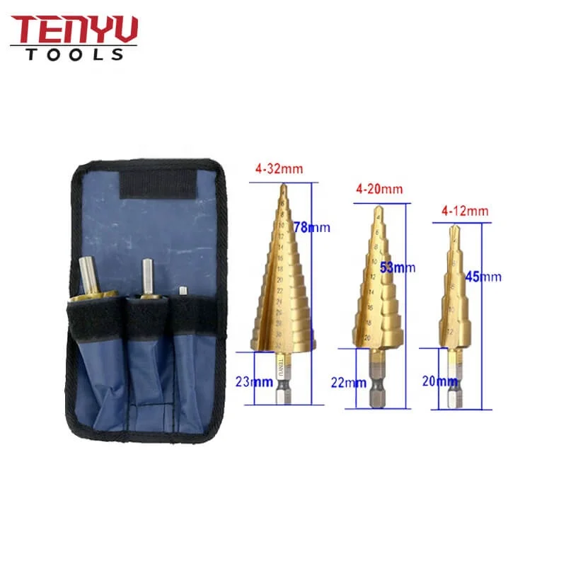 3pcs Jiangsu Danyang Manufactory Spiral Tungsten Carbide Titanium Step Drill Bit Hss Stepped Cone Drill Bits Set