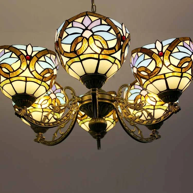 LongHuiJing 110V-120V 6 Lights Pendant Light Tiffany Stained Glass Love Patterned Chandelier Lighting Fixtures