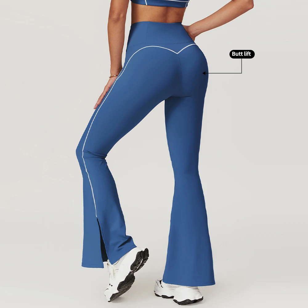 MIQI High Waist No Front Seam Sportswear Flared Yoga Legging Bottom Split Side White Line Gym Yoga Leggings For Women