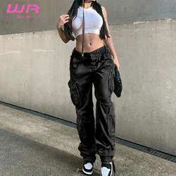 Fashion Vintage High Low Waist Streetwear Wide Leg Cargo Pants With Pockets Straight Denim Women Jean Trousers