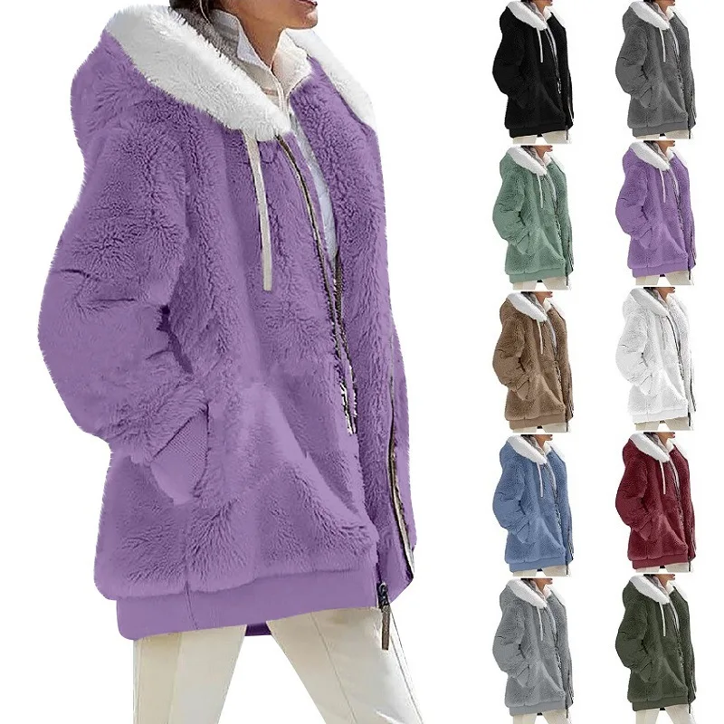 S-5XL Winter Fashion  Coat New Casual Hooded Zipper Ladies Clothes Cashmere Autumn Women Fleece Jacket Solid Color Ladies Coats