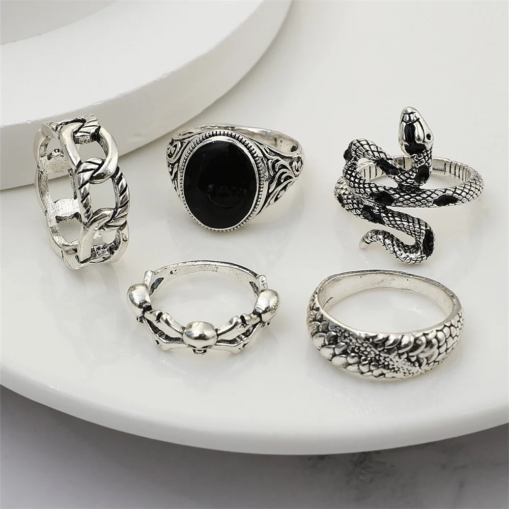 Retro Punk Style Frog Snake Ring Set for Women Gothic Skulls Oval Round Geometric Rings Female Jewelry Accessories