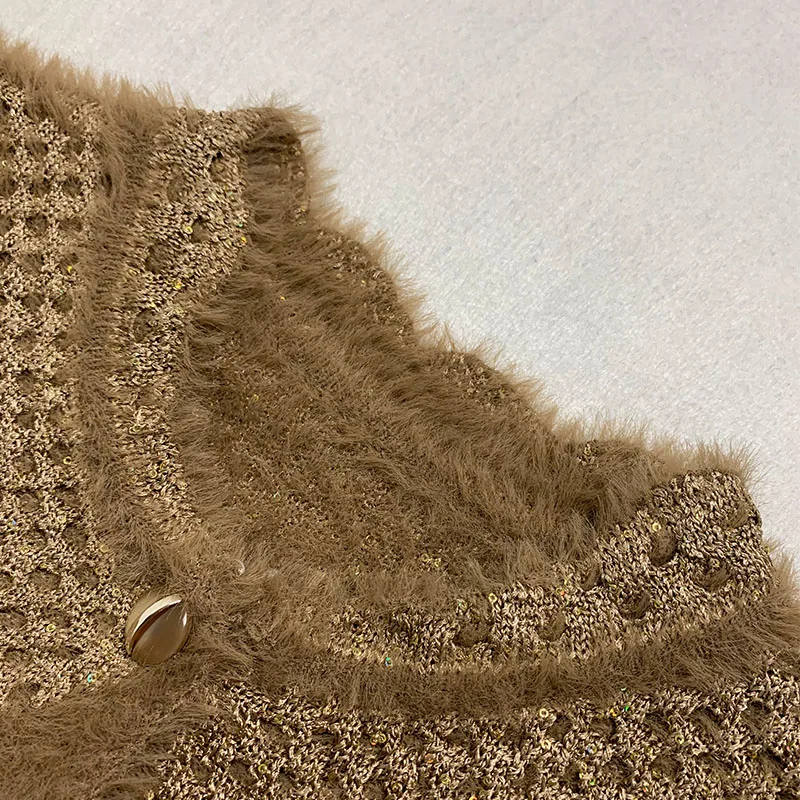 Custom Jacquard Winter Elderly Senior Aged Lady Fur Sweater with Button Sequins Thick Fleece Grandma Knit Cardigan for Women