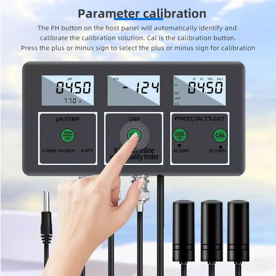 Wifi Water Quality Monitor 8 in 1 Digital Water Analyzer PH EC TDS ORP SALT S.G CF Temperature APP Remote Online Monitor