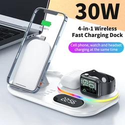 Trending products 2022  Foldable 4 in 1 wireless charging dock with LED desk lamp Alarm clock 30W Fast Charger Wireless