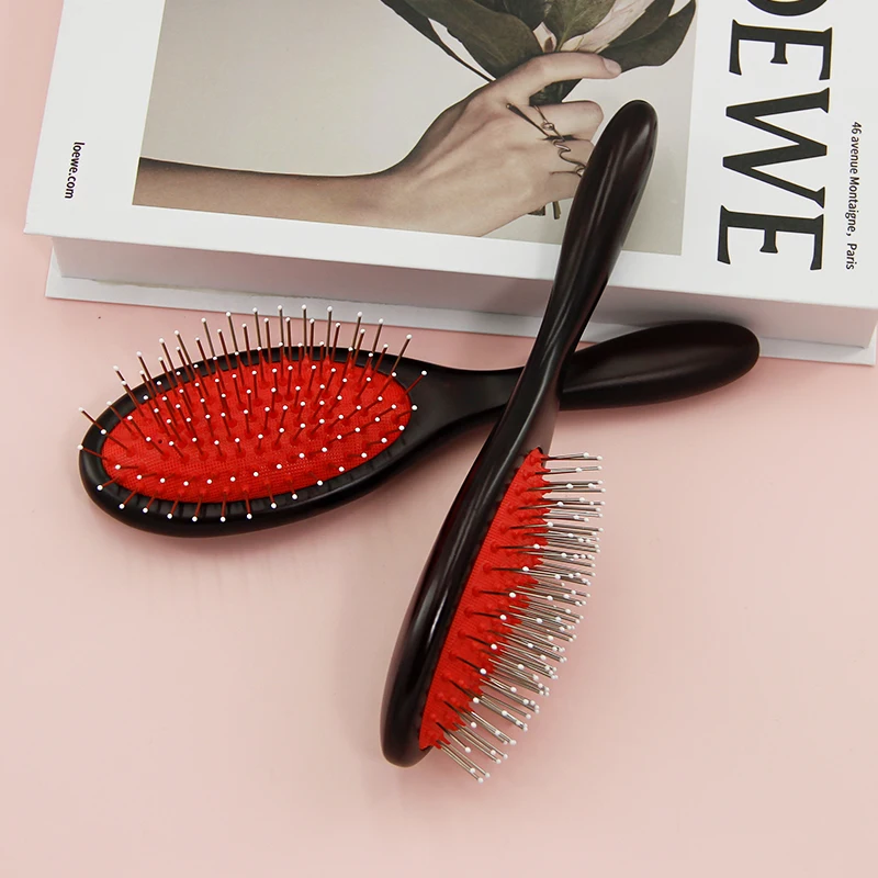 New Custom Logo Hairbrush Metal Pins Bristle Wig Brush Round Paddle Detangling Wooden Hair Brush