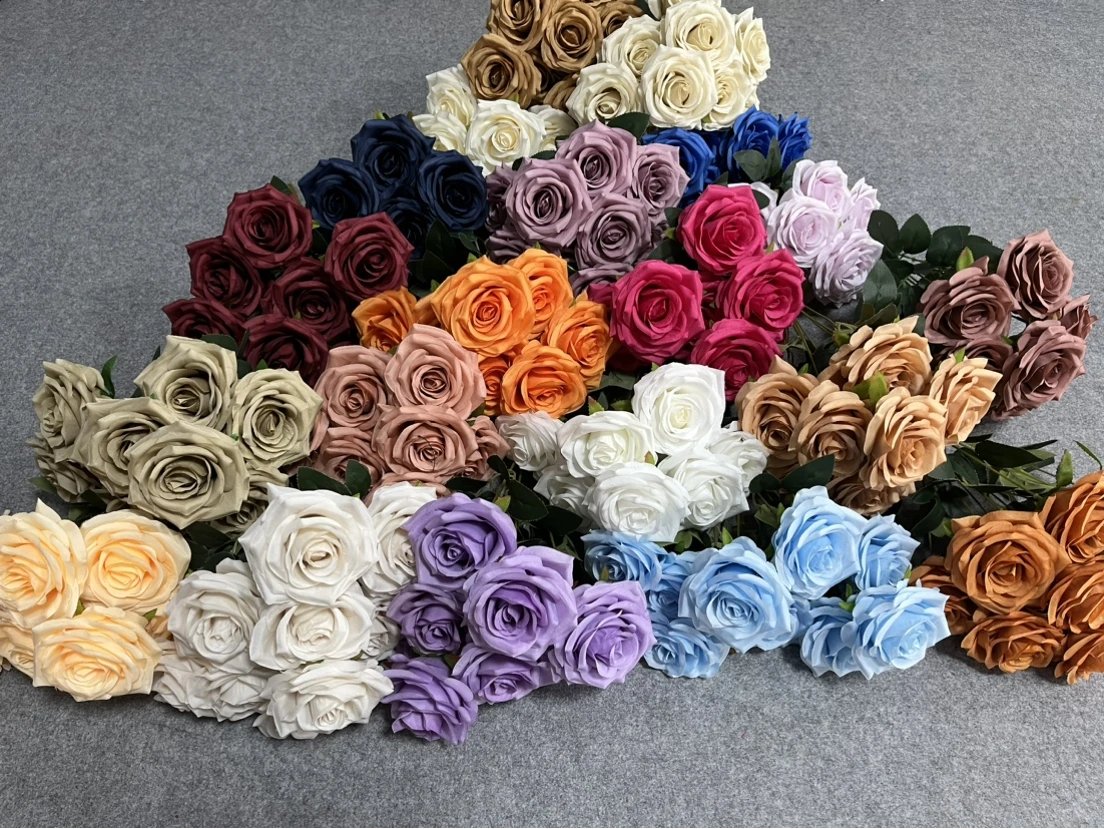 Yopin-2403 Wholesale 9 Heads Silk White Roses Artificial Rose Wedding Bouquets