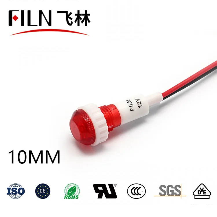 FILN hot sale 10mm plastic signal lamp 12VDC red yellow green kitchen equipment indicator lights