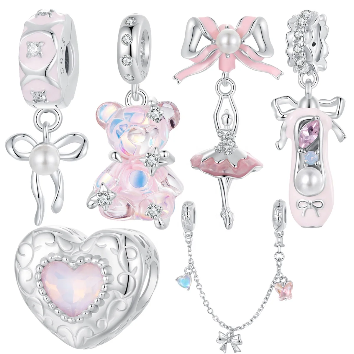 925 Sterling Silver Princess Pink Bear Bead Ballet Girl Charm Shoe Bow Pendant Saftey Chain Fit Bracelet Necklace DIY Gift