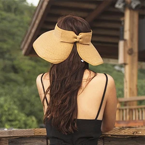 Fashion Women Wide Brim Empty Top Foldable Girl Straw Beach Hats Women Straw Summer Bow Visor Cap