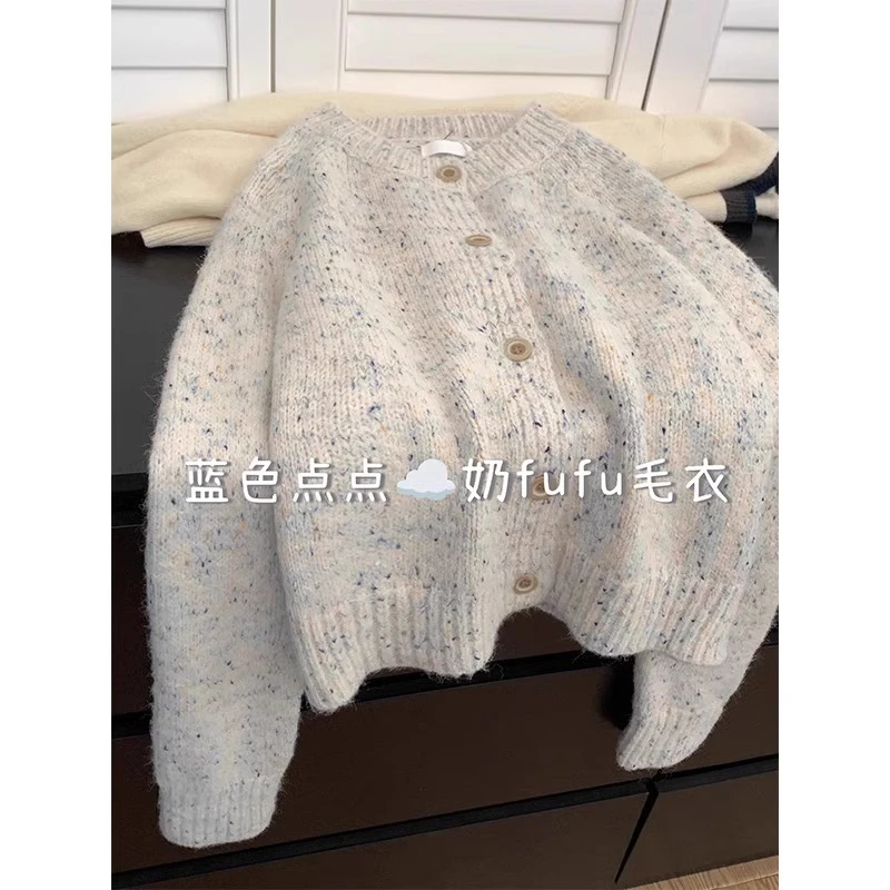 Colored dot sweater cardigan women spring 2024 spring and autumn new floral line loose lazy wind round neck knitted coat