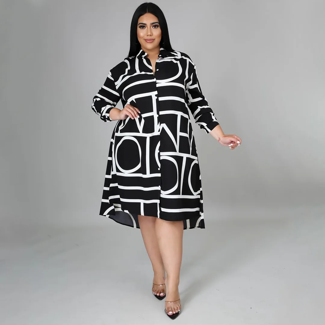 N7255 Best-Selling Plus Size Loose Dresses Women Casual Long Sleeve Striped Printed Shirt Dress For Women