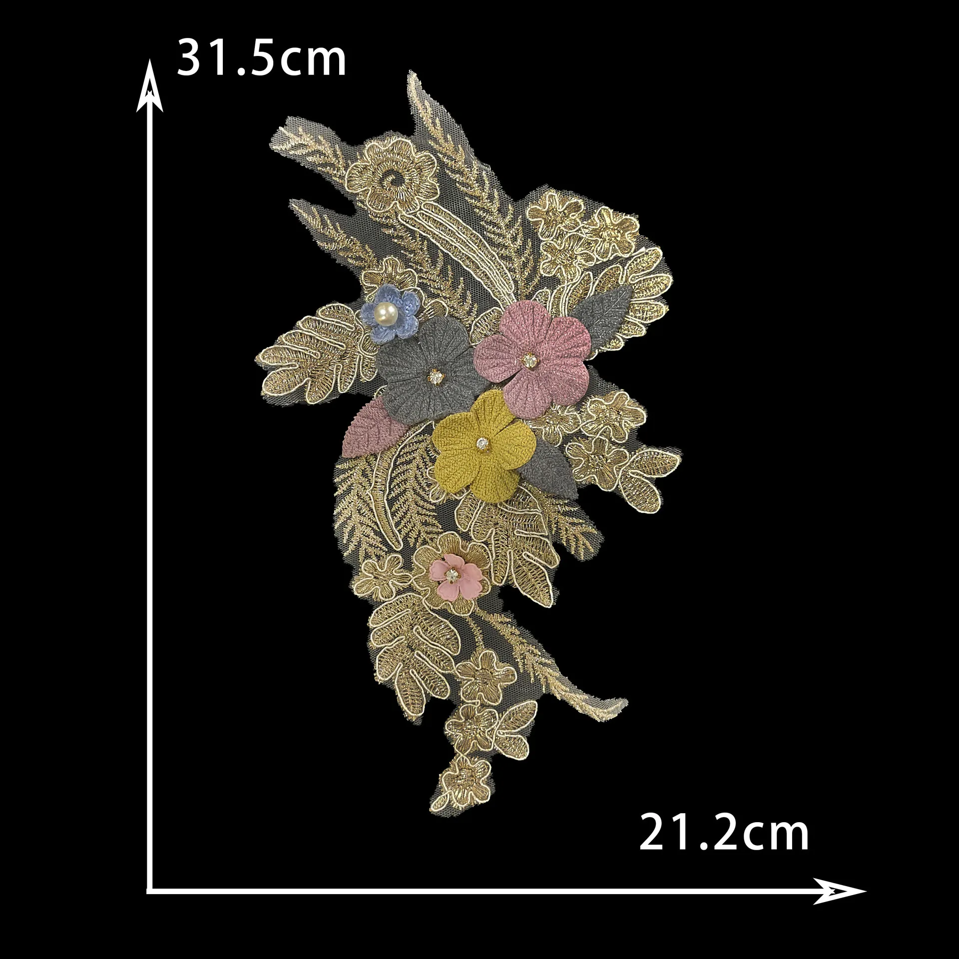 3D Gold Flower ABS Pearl Beaded Embroidery Patch Mesh Fabric Sew Wedding Dress Applique