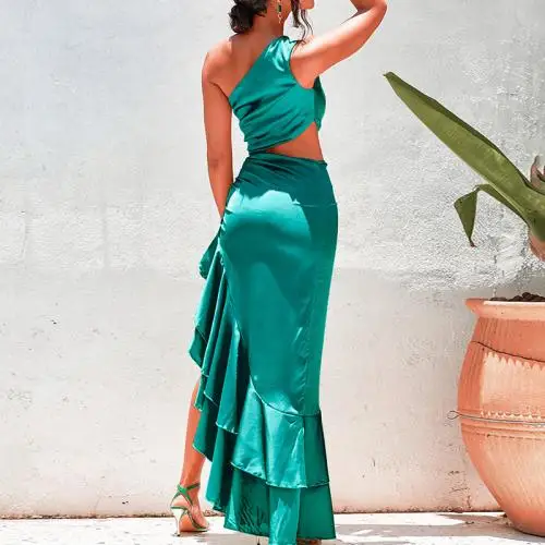 irregular side slit backless off shoulder Dress Cotton hollow One Shoulder patchwork sexy women dresses green 744426