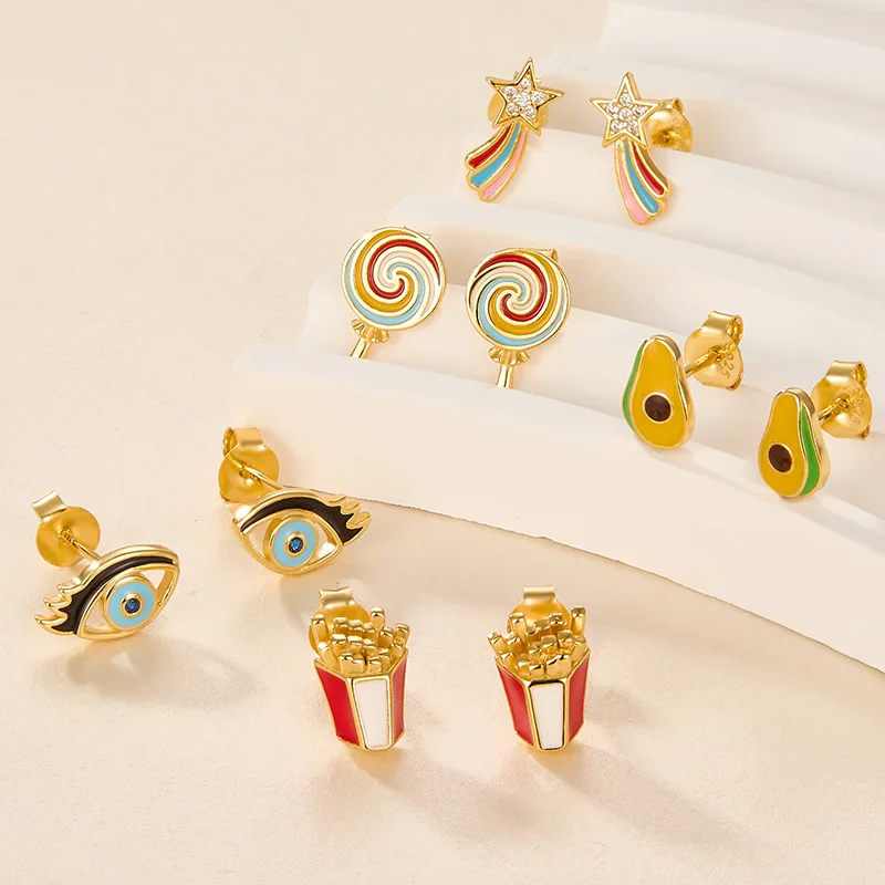 fashion 925 sterling silver French fries avocado eyes Rainbow Stars lollipop gold plated stud earring jewelry for women