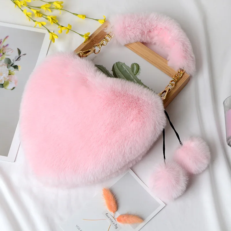 Wholesale New Trendy Popular Girls Cute Pink Plush Love Ladies Purses Tote Bag Fluffy Heart-shaped Fur Women Clutch Handbags