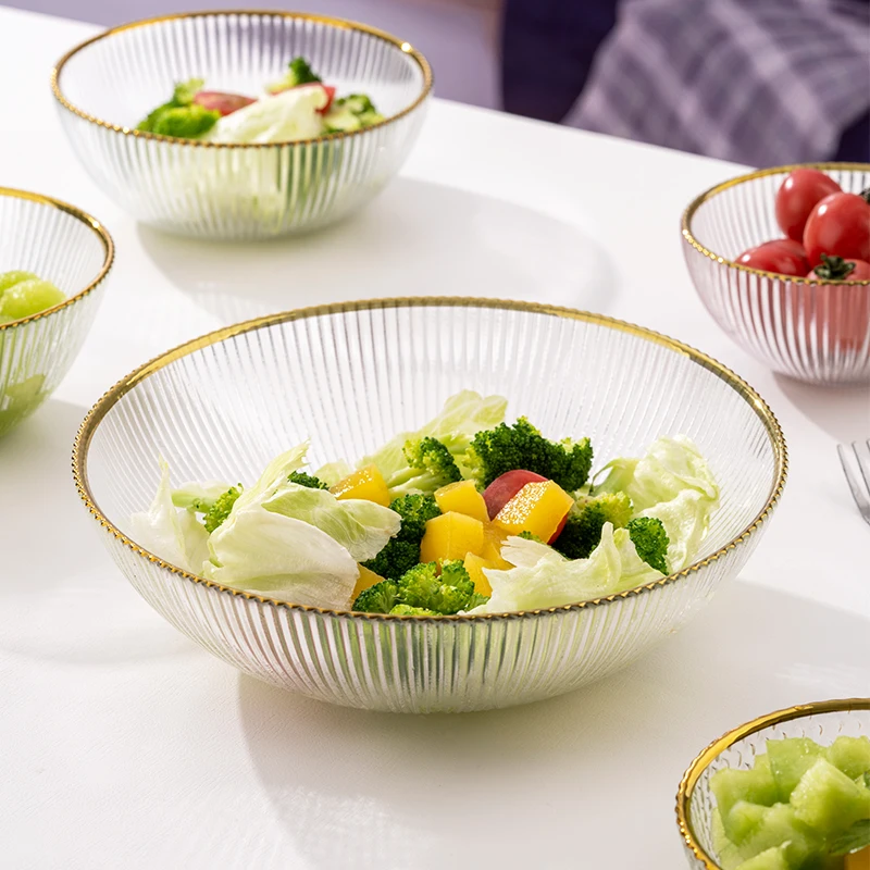 Wholesale European Popular Round Glass Bowl Set Vertical Stripped Bowl with Gold Rim for fruit dessert salad noodles