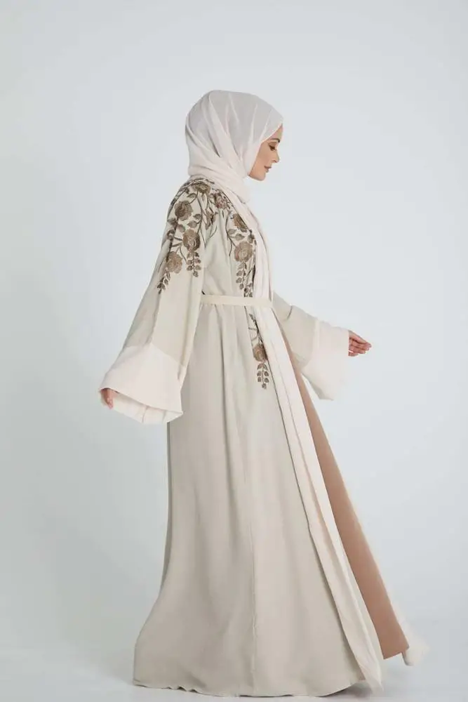 Latest Design Dubai Kaftans Islamic Front Open Floral Embroidery Muslim Women Abaya