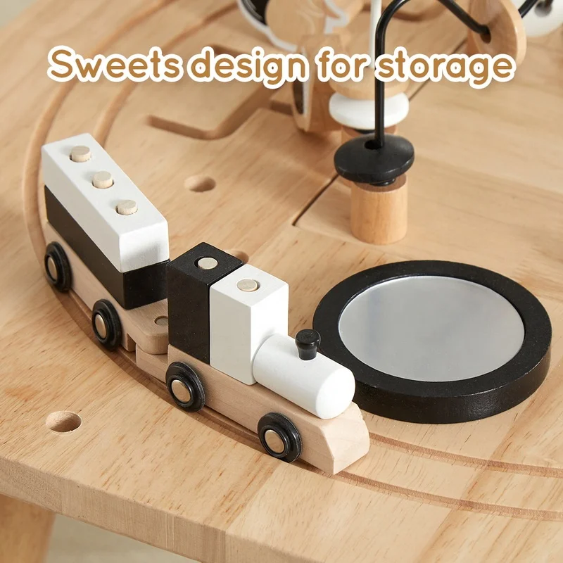 Play Kids Sensory Teaching Activity Train Table Early Education Wooden for Baby Brown Box Modern 1 Set activity game Table 18M+