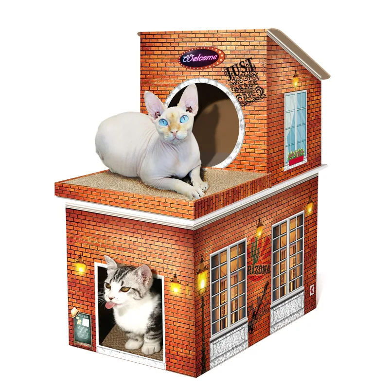 2 Stories big foldable cat scratching toy board cat house for multicat family