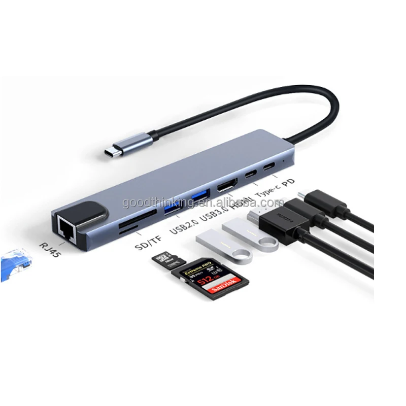 100M RJ45 port USB 3.0 PD 100W Fast charge TF SD 4k TV for hdmi 8 in 1 type c usb hub with gigabit ethernet 8 port
