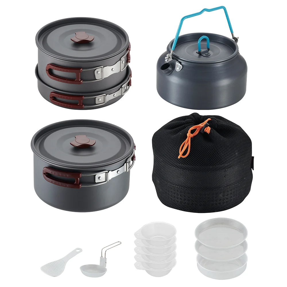 Camping Cookware Mess Kit for Outdoor Camp Cooking Set Kettle Pot Pan Soup Spoon for Hiking Picnic Backpacking