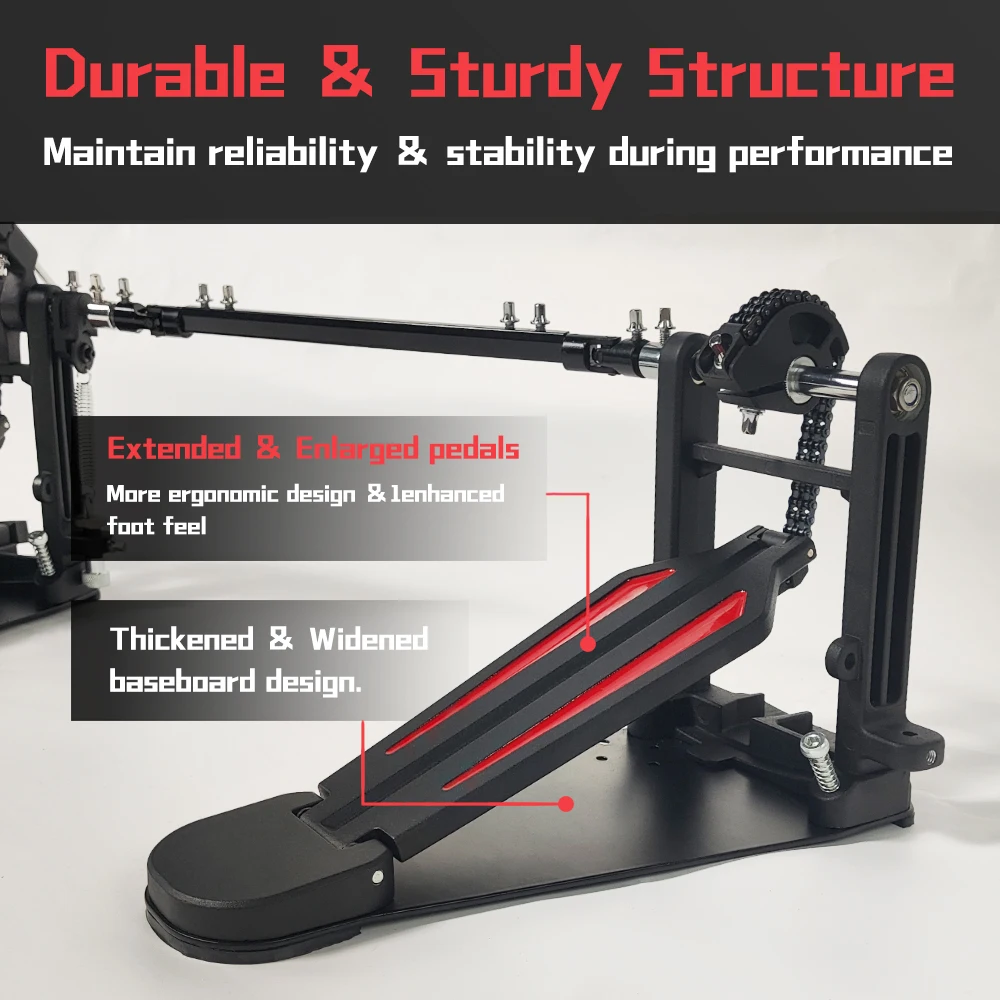 Double Bass Drum Pedal Kick Drum Pedal Double Chain Drive Adjustable Beater Head Bass Pedal For Drum