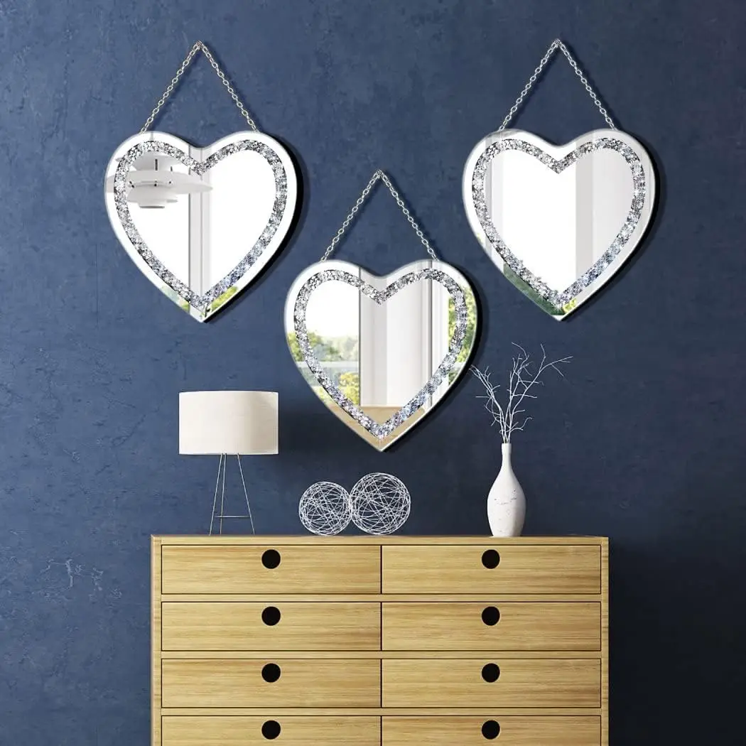 Crystal Crush Heart Shaped Silver Diamond with Stainless Steel Chain for Wall Decoration Mirror and room mirror designer mirror