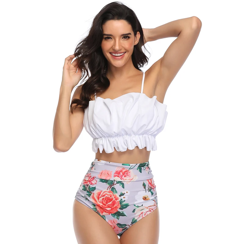 Женский купальник белый плиссированный топ с цветочным принтом и высокой талией плавки для плавания