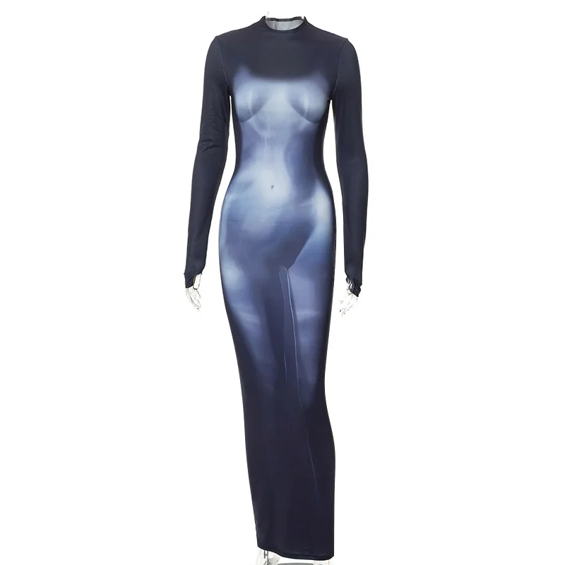 Осеннее платье для девочек принт с длинным рукавом Bodycon платья разрезом женщин средства ухода за кожей Con Платья