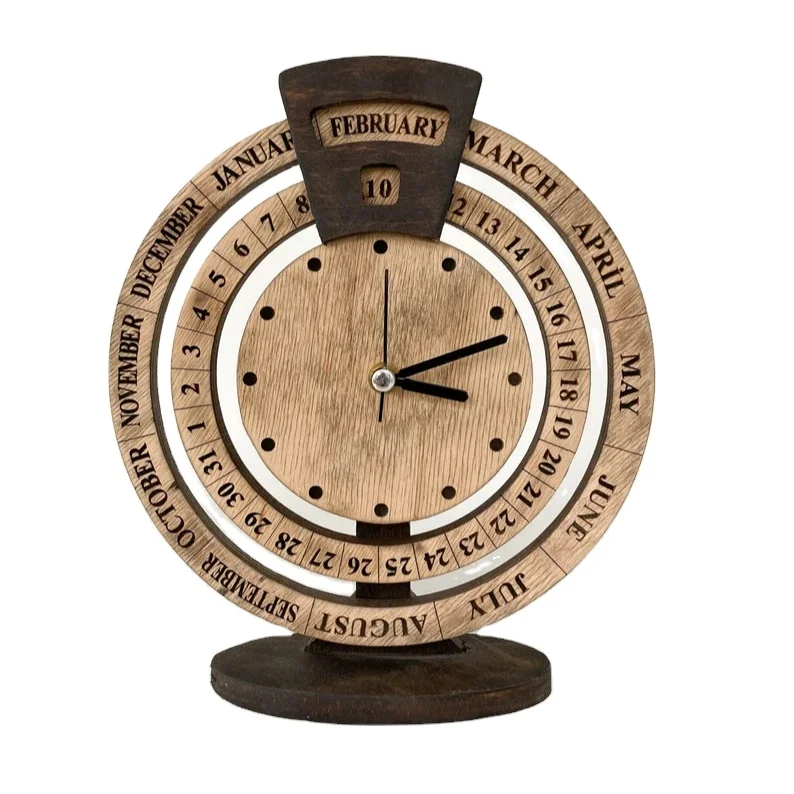 Unique Wooden Desktop Calendar Clock Decorative Wooden Antique Table Clock