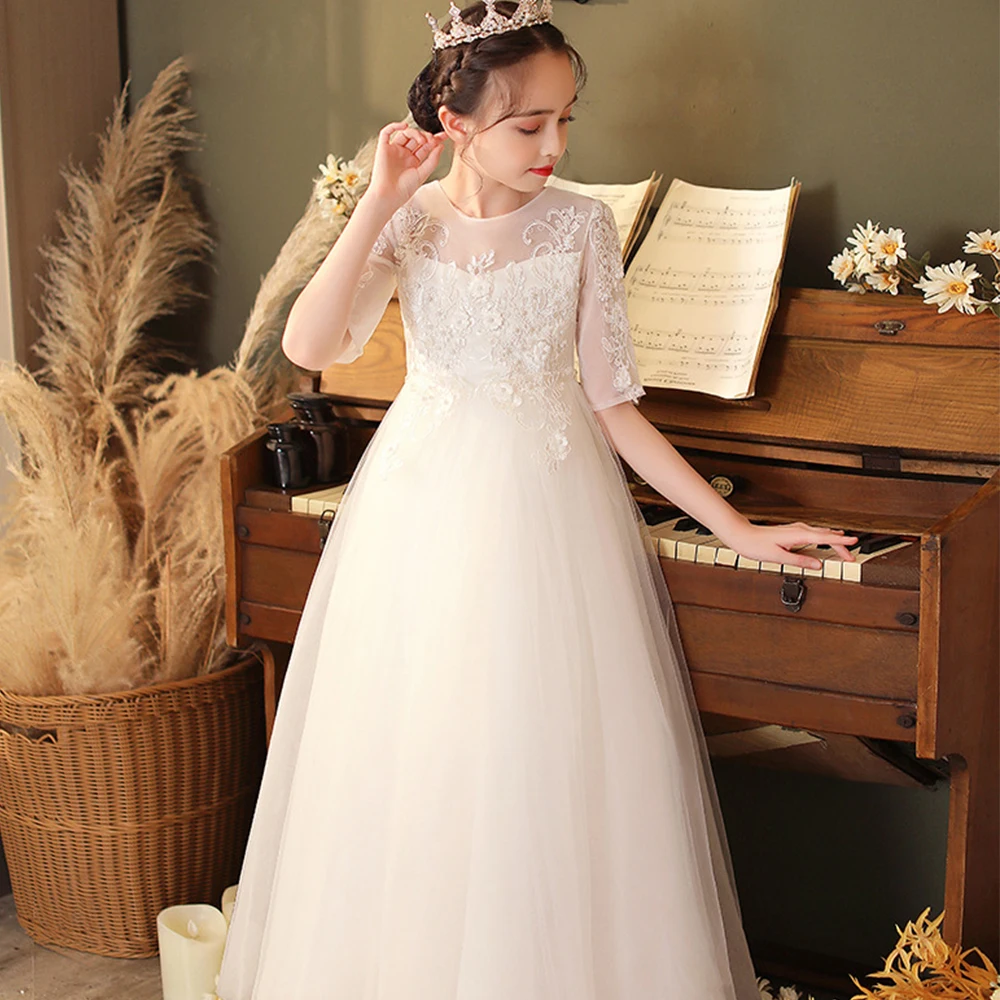 White Flower Girls Dresses With Ribbon Tulle Girls Party Dresses For Wedding