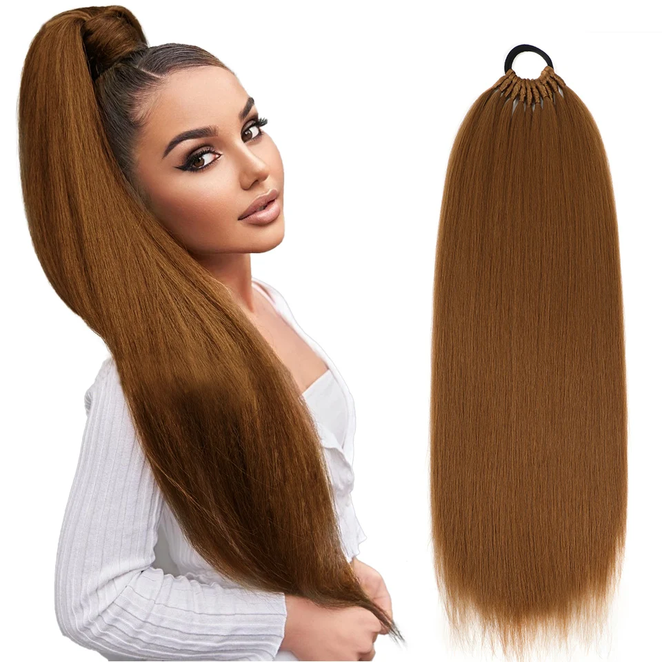 24Inch Straight Ponytail Hairpiece Extension Natural High Temperature Fiber Synthetic Hair Elastic Band Ponytail Hair Extensions
