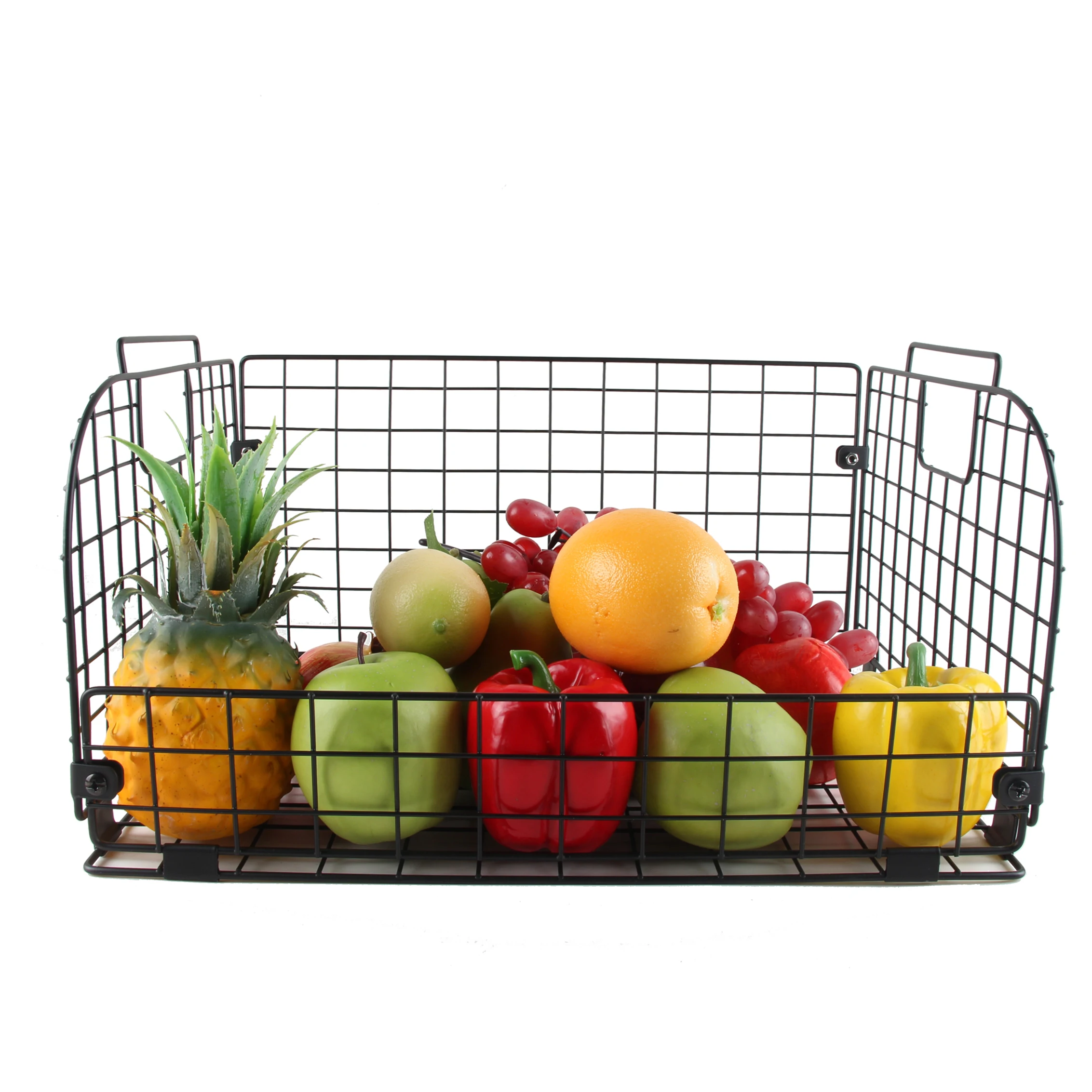 Foldable Metal Stacking Open Front Vegetable Collapsible Stackable Black Iron Wire Fruit Storage Basket