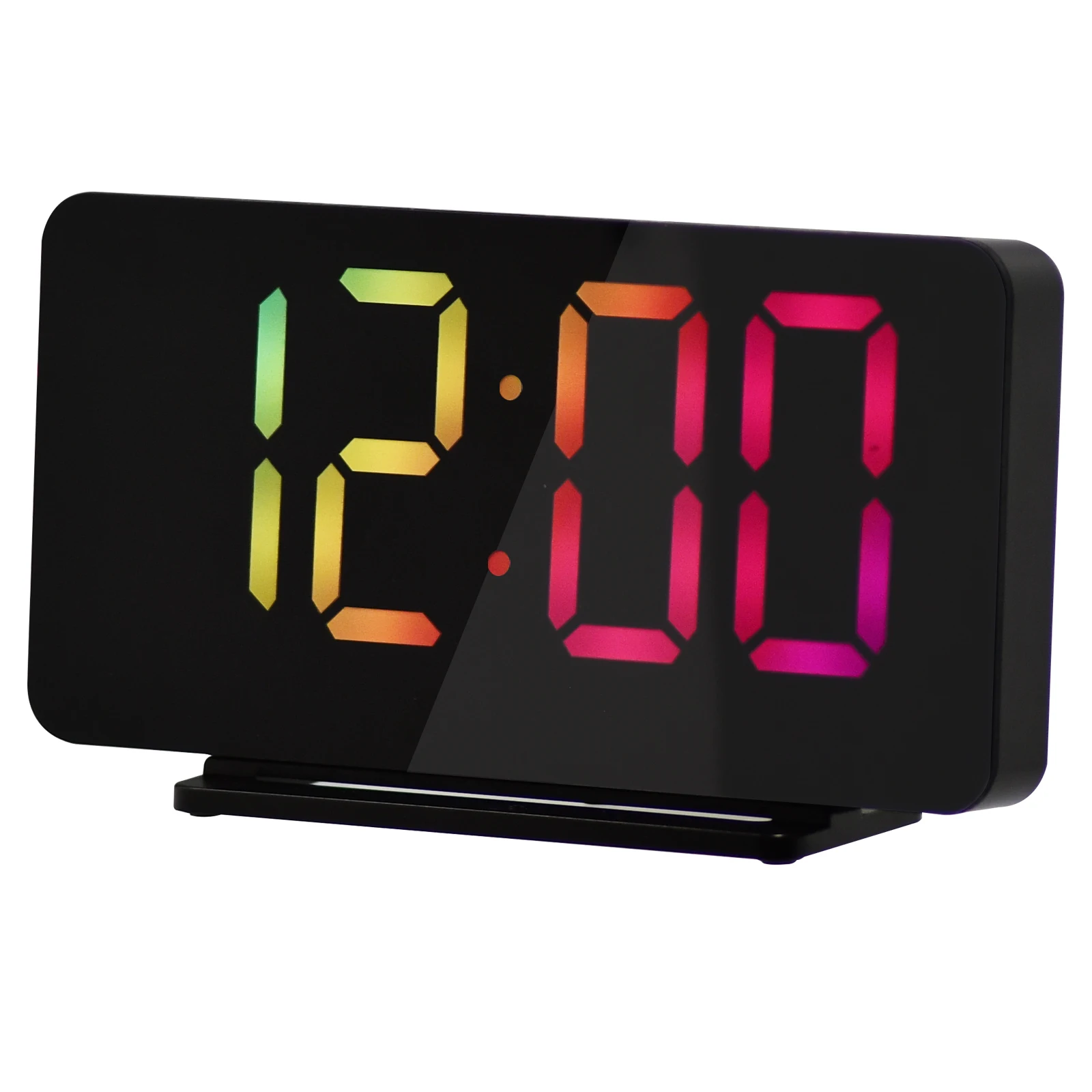 Double Alarm with Snooze  Radio Voice Adjustable LED  Time Memory Mirror Rectangle Colorful Display  Clock