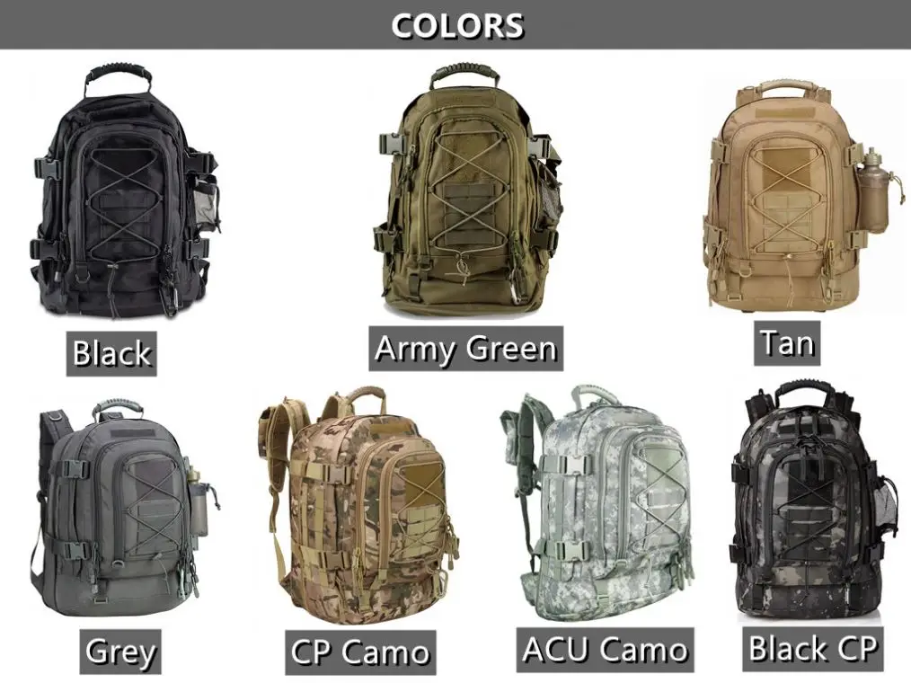 65L Custom Waterproof Black Traveling Hiking Camping Bug Out Tactical Range Molle Bag Backpack Rucksack