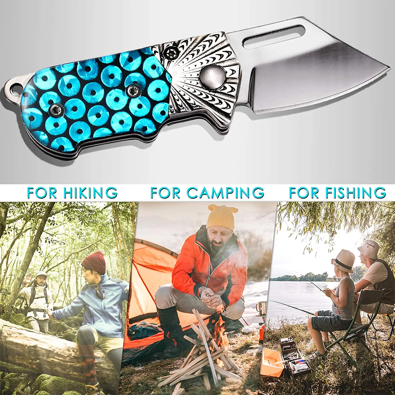  Folding Knife Small Pocket camping knife with Chrome and Blue Acrylic Handle for Camping Hunting