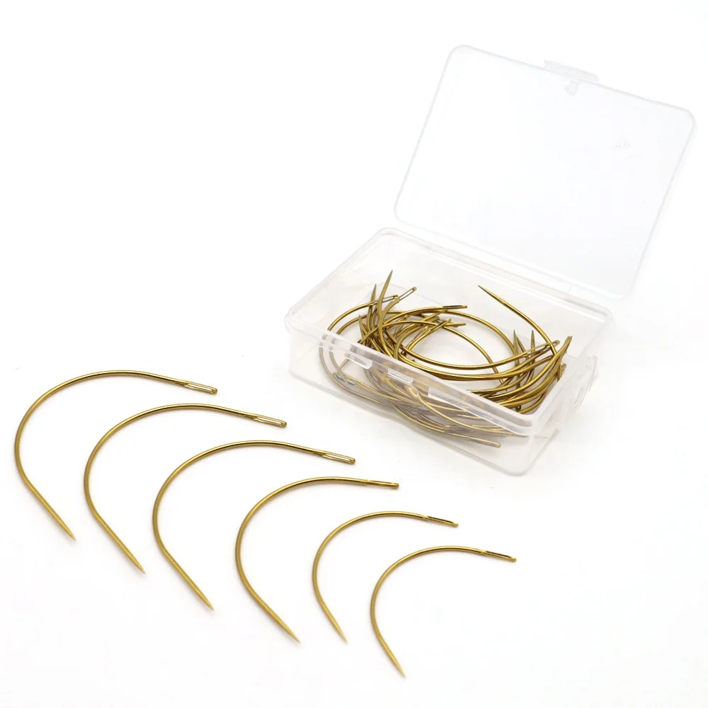 GlamorDove Shiny Gold 3pcs C Type Hair Weaving Needles Curved Wig Making Needle Hand Sewing Needles