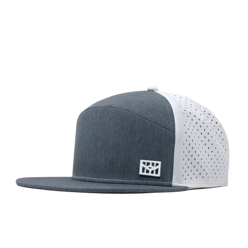 Custom Melin Trenches Icon Hydro Logo 6 7 Panel Grey White Patchwork In Two Tones Waterproof Nylon Rubber Logo Snapback Cap Hat