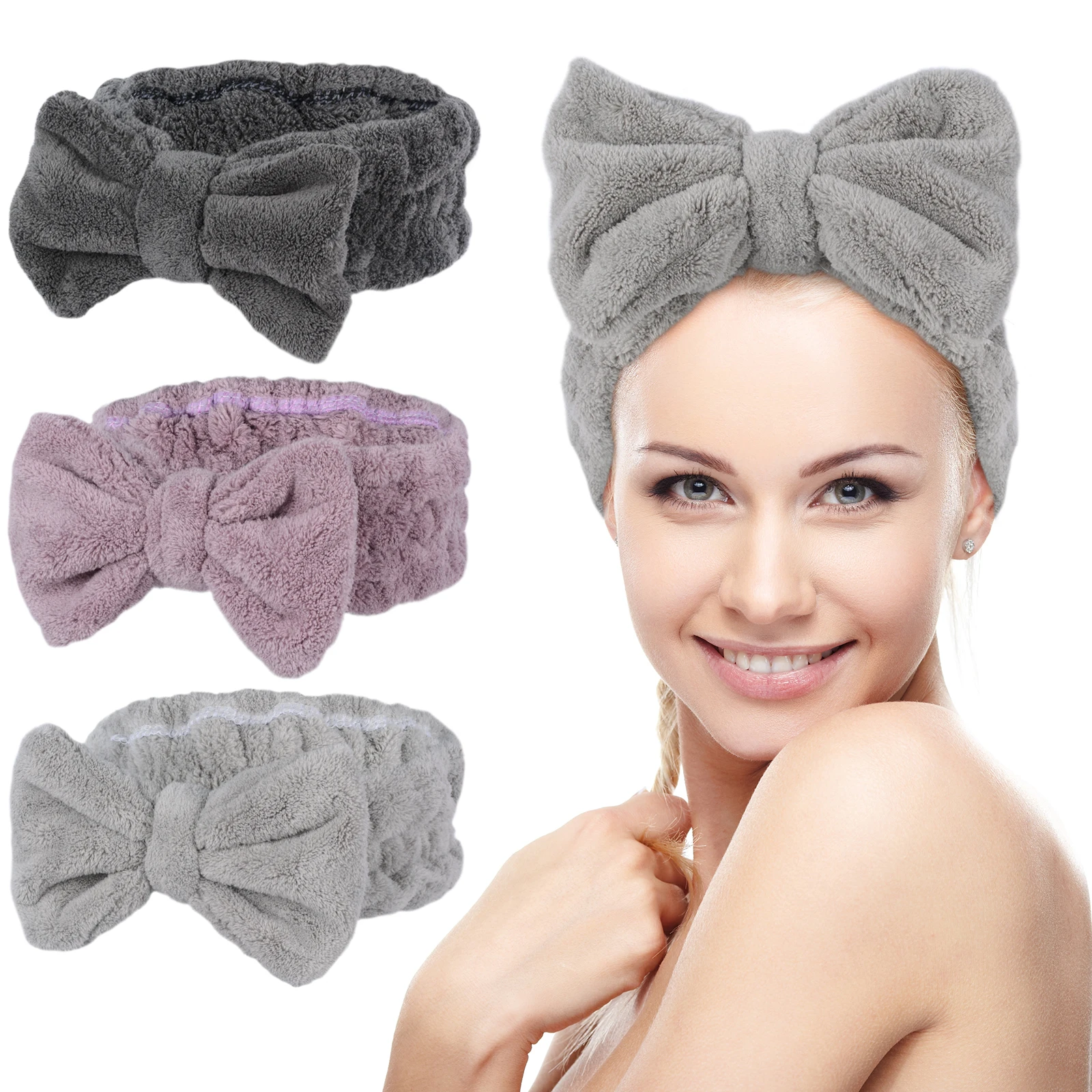 Повязка на голову с бантом из микрофибры, эластичная плюшевая Женская Косметическая бархатная фиолетовая повязка на голову для спа